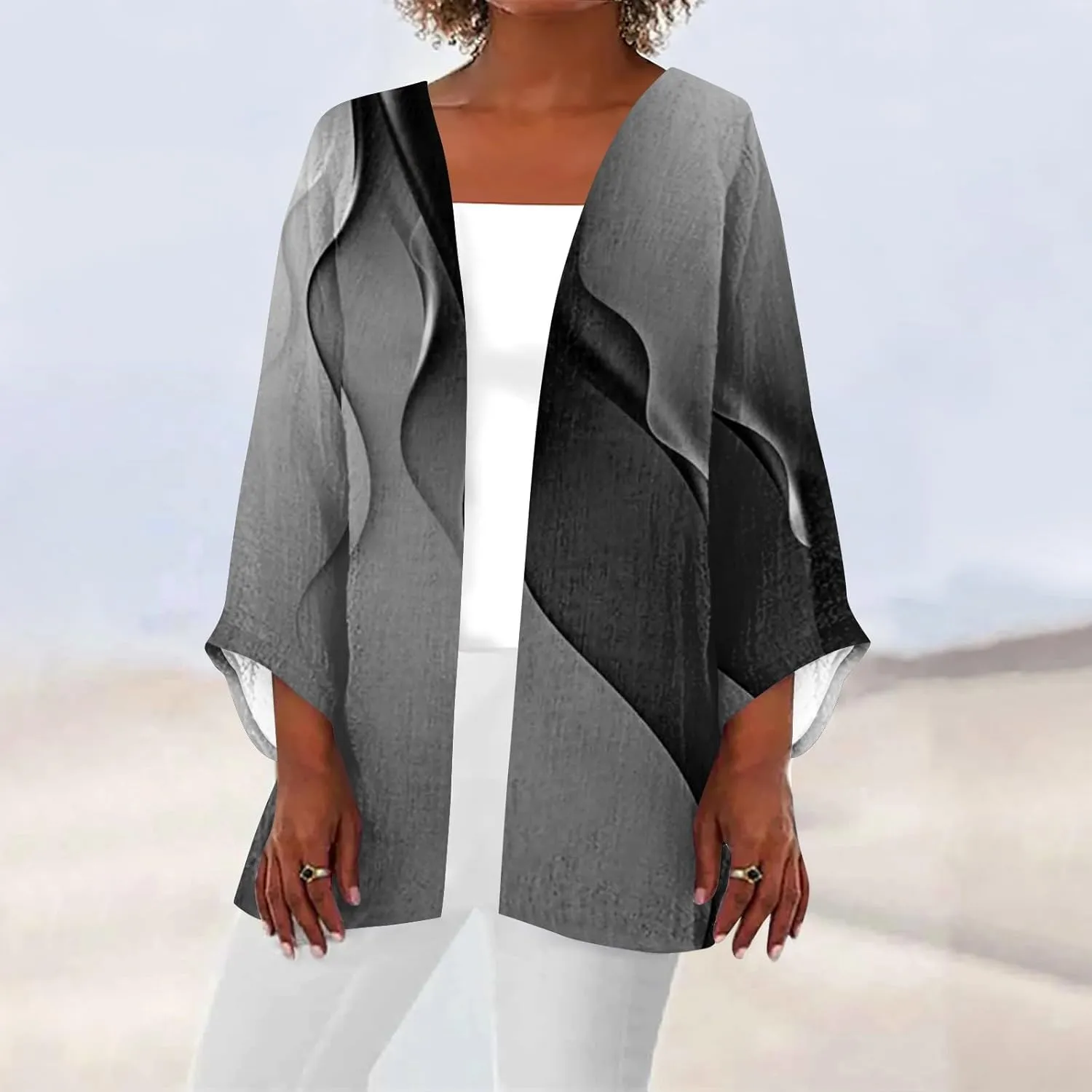 Womens Cardigans Dressy Casual 3/4 Sleeve Floral Printed Tops Plus Size Summer Lightweight Cardigan