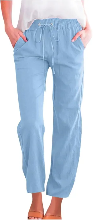Women's Casual High Waisted Pants Drawstring Straight Leg Trousers with Pockets Summer Comfy Lounge Outfits Slacks