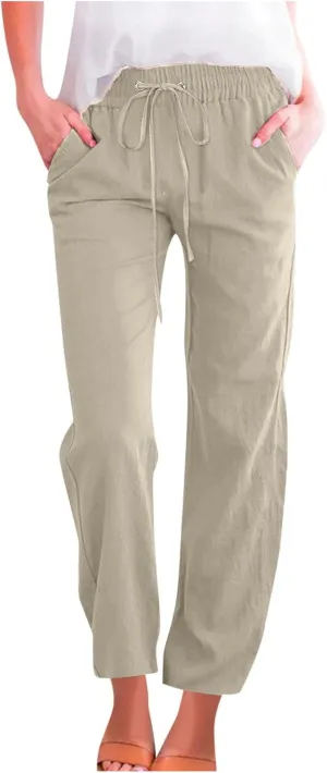 Women's Casual High Waisted Pants Drawstring Straight Leg Trousers with Pockets Summer Comfy Lounge Outfits Slacks