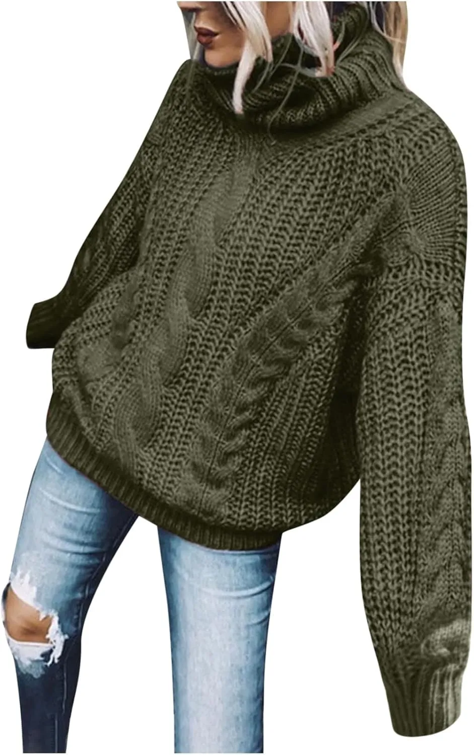 Womens Casual Long Sleeve Turtleneck Sweaters Knit Cable Chunky Pullover Oversized Sweaters Fashion Fall Outfits 2023
