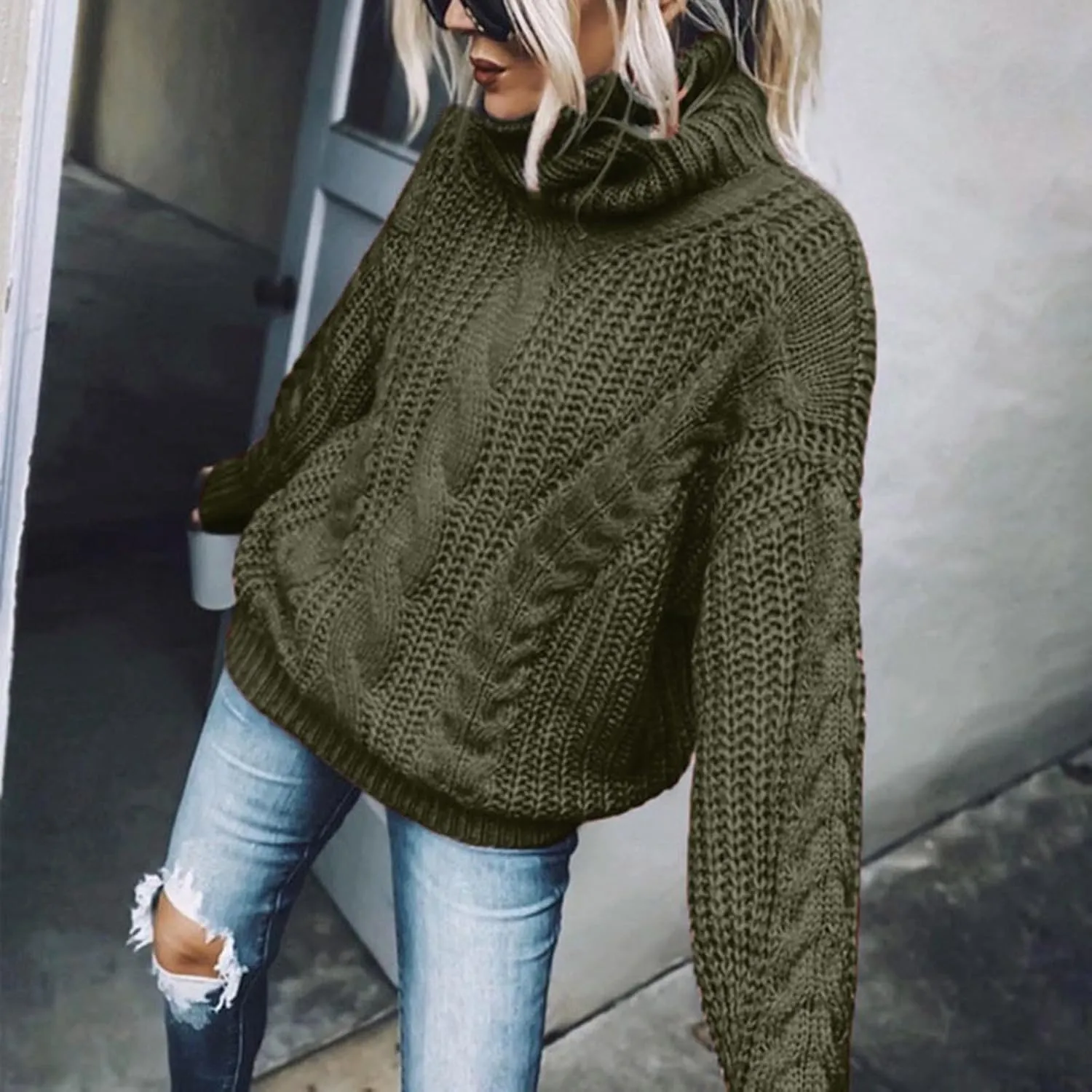 Womens Casual Long Sleeve Turtleneck Sweaters Knit Cable Chunky Pullover Oversized Sweaters Fashion Fall Outfits 2023