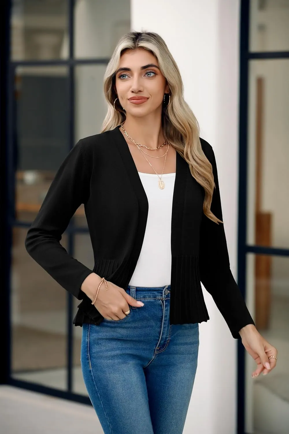 Women's Casual Open Front Lightweight Cropped Cardigans Long Sleeve Sweater Soft Draped Peplum Knit Outwear
