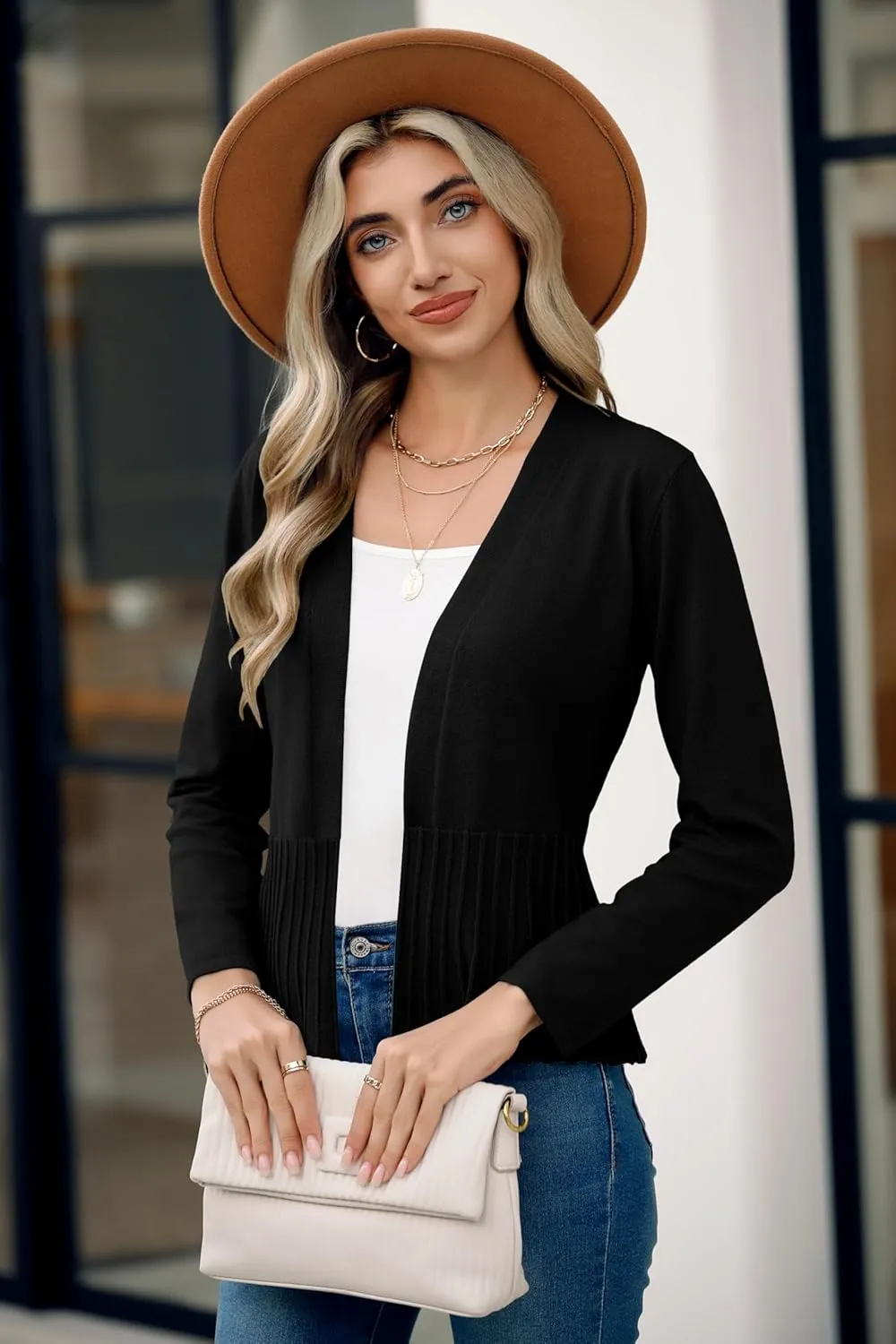 Women's Casual Open Front Lightweight Cropped Cardigans Long Sleeve Sweater Soft Draped Peplum Knit Outwear