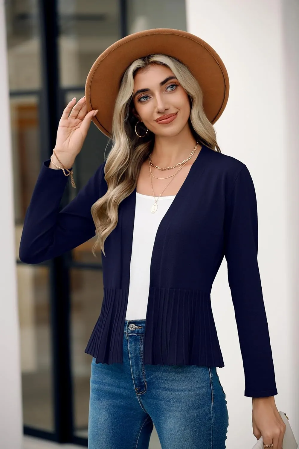 Women's Casual Open Front Lightweight Cropped Cardigans Long Sleeve Sweater Soft Draped Peplum Knit Outwear