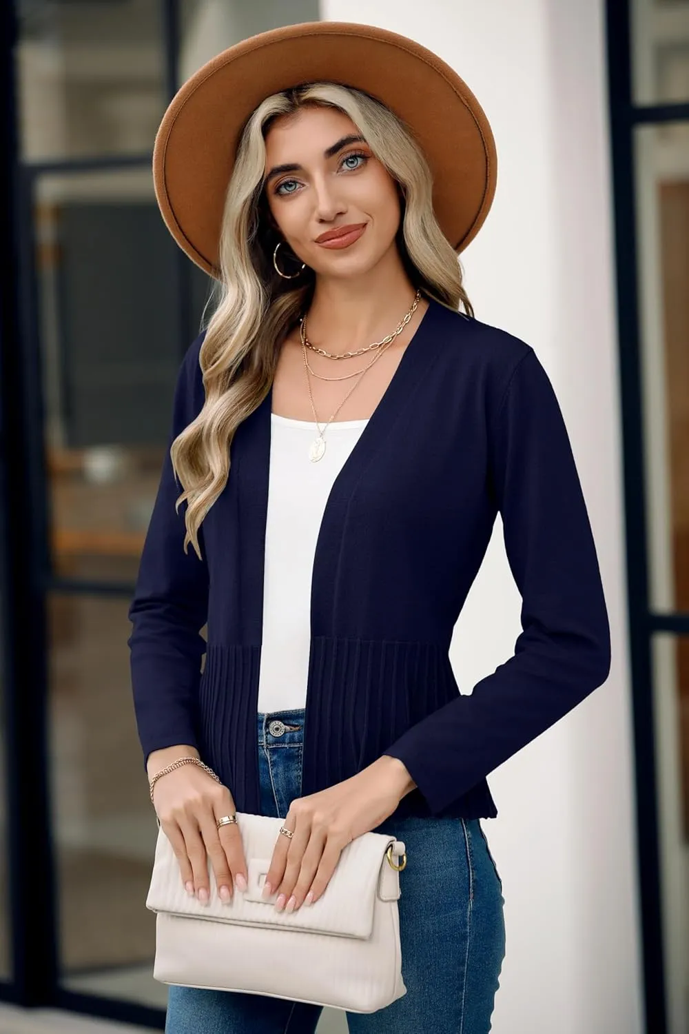Women's Casual Open Front Lightweight Cropped Cardigans Long Sleeve Sweater Soft Draped Peplum Knit Outwear