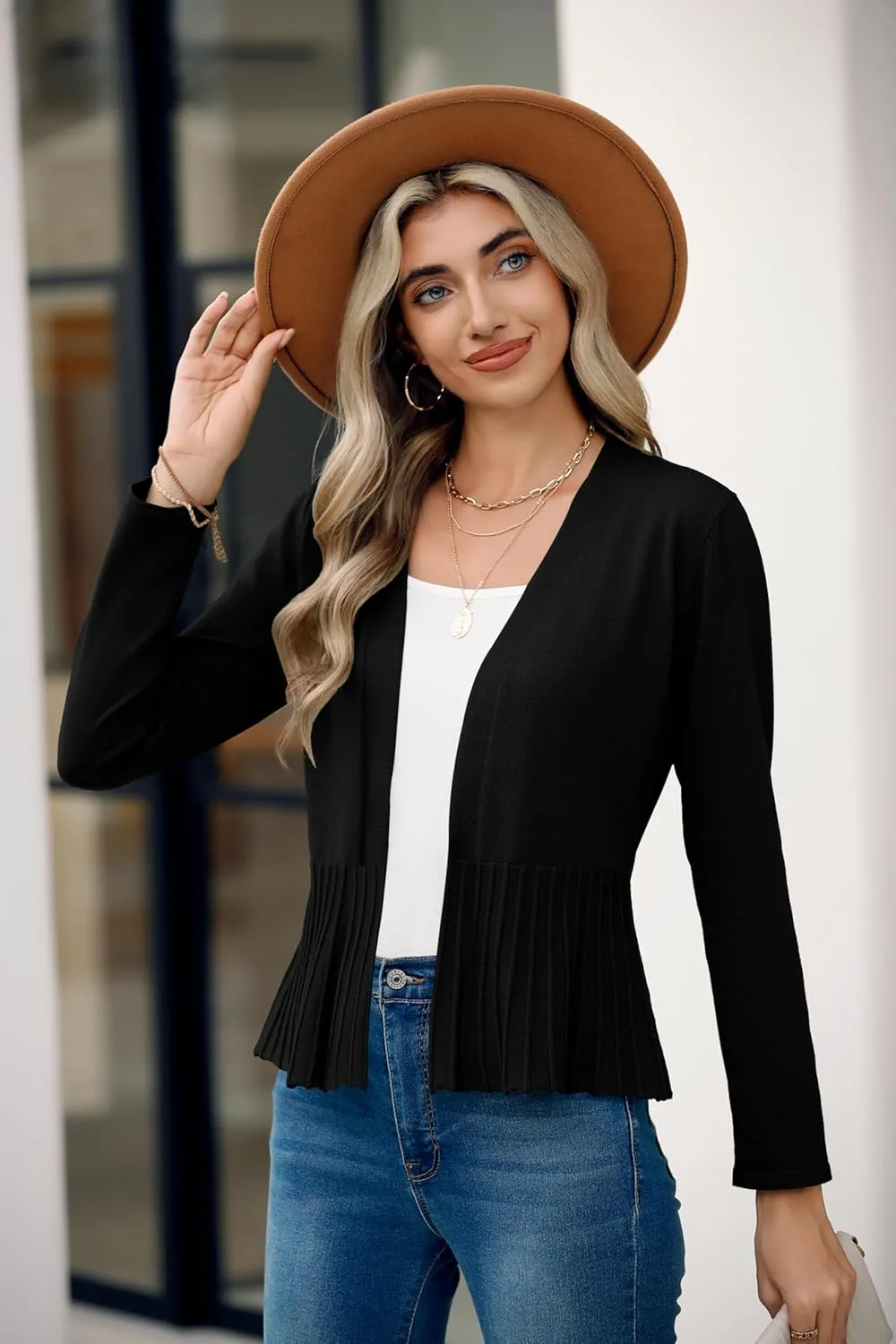 Women's Casual Open Front Lightweight Cropped Cardigans Long Sleeve Sweater Soft Draped Peplum Knit Outwear