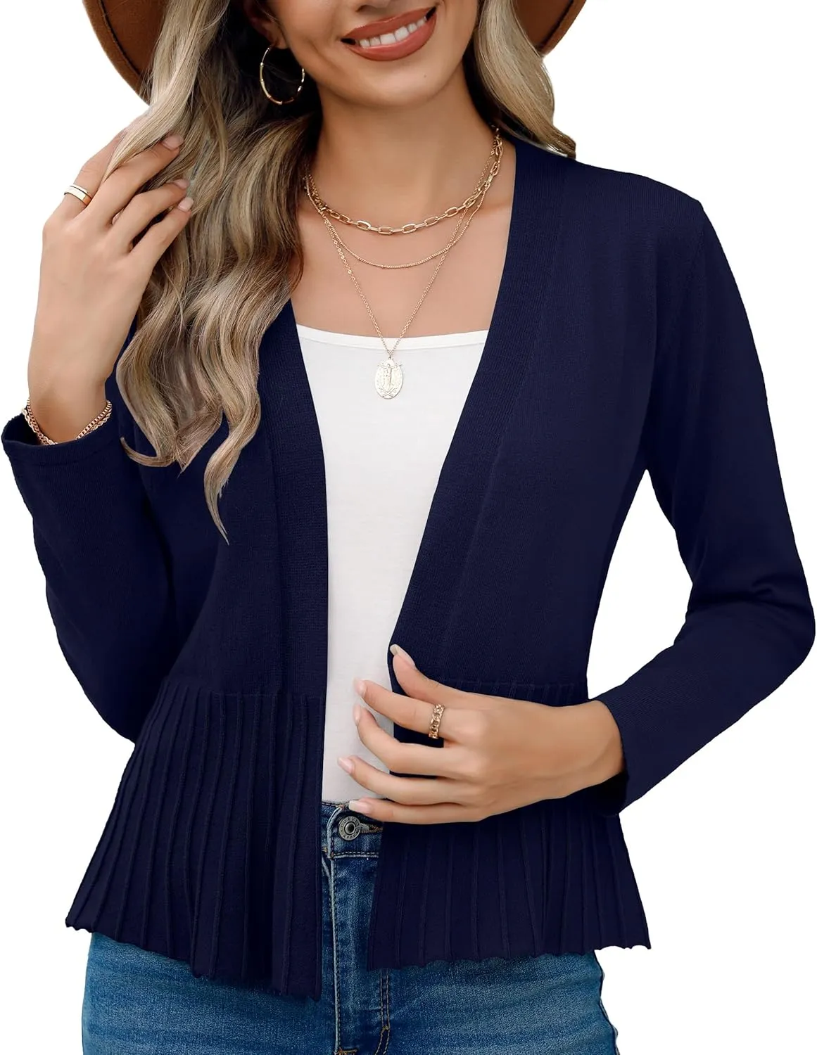 Women's Casual Open Front Lightweight Cropped Cardigans Long Sleeve Sweater Soft Draped Peplum Knit Outwear