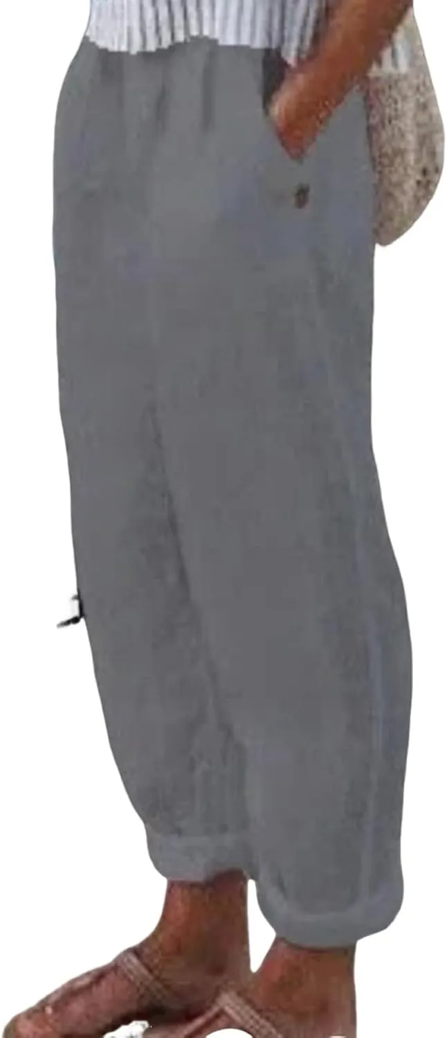 Women's Casual Pants Cotton Linen Elastic Waist Solid Summer Trendy Pants Straight Leg Baggy Trousers with Pockets