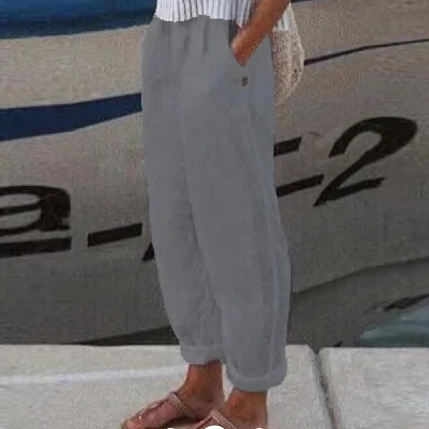 Women's Casual Pants Cotton Linen Elastic Waist Solid Summer Trendy Pants Straight Leg Baggy Trousers with Pockets
