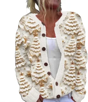 Women's Christmas Cardigan Casual V Neck Buttoned Cardigan Sweater 2024 Fall Winter Xmas Holiday Long Sleeve Set