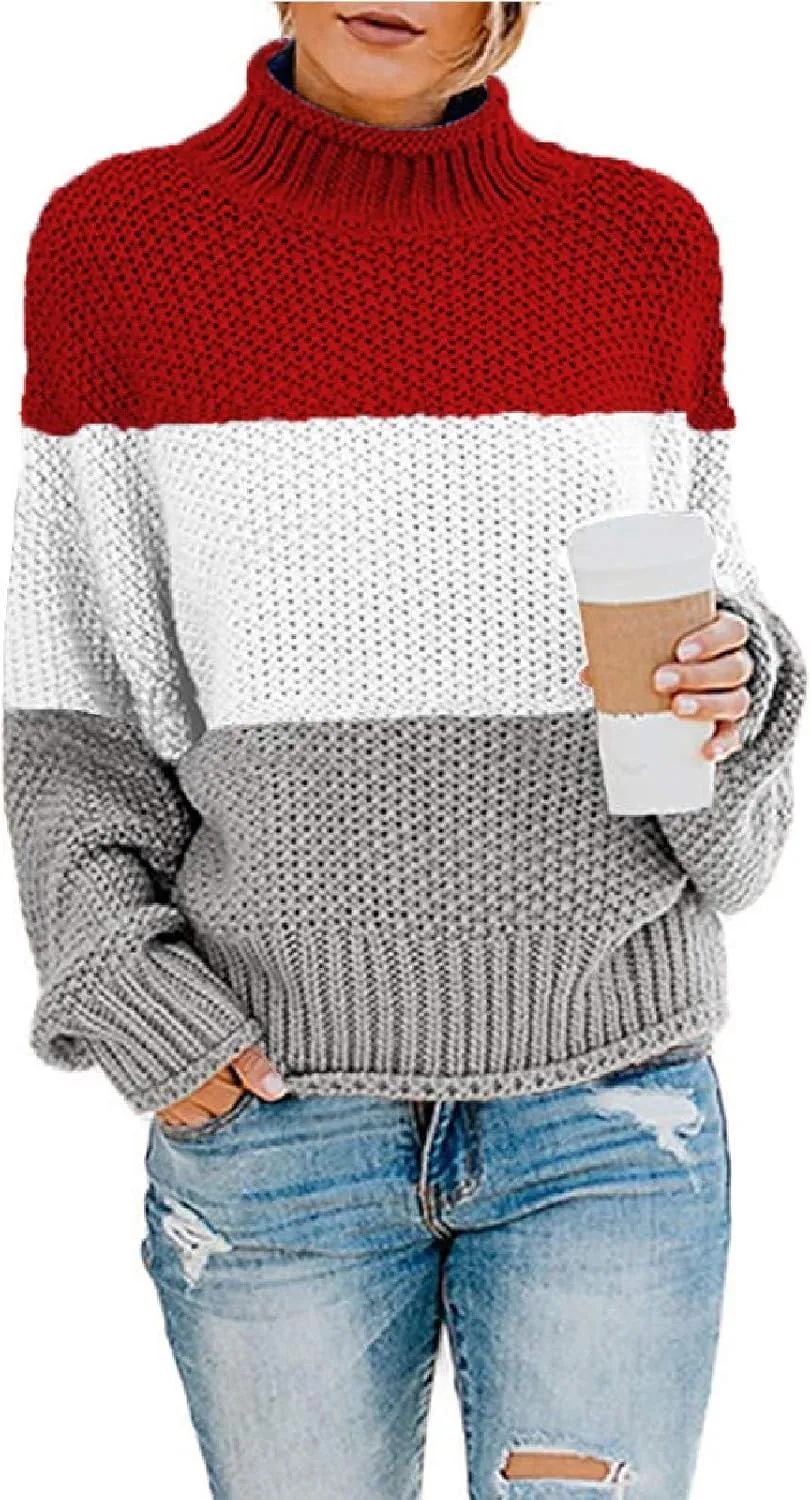 Womens Chunky Cable Knitted Sweaters Casual Loose Colorblocked Crew Neck Sweater 2024 Winter New Knit Basic Sweaters