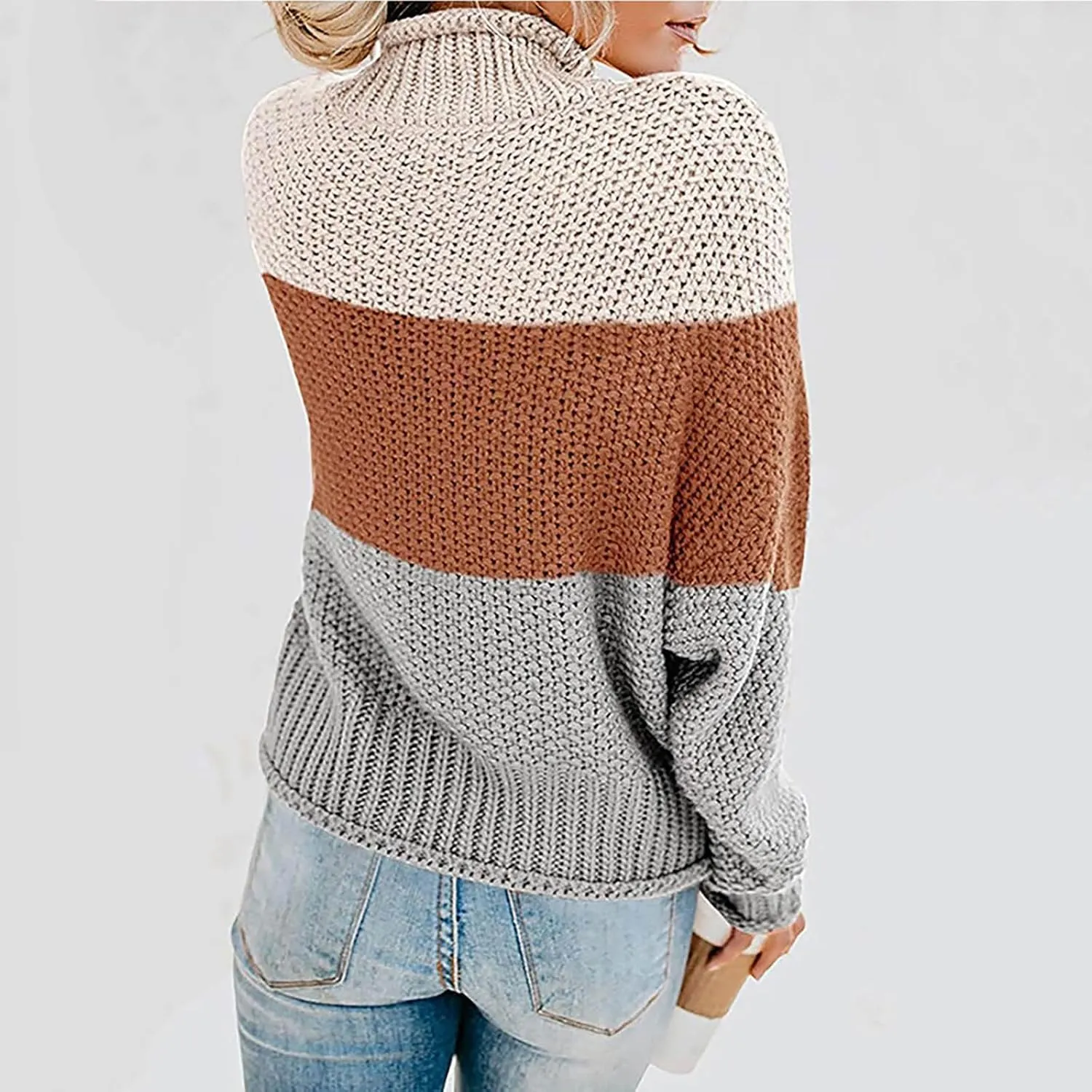 Womens Chunky Cable Knitted Sweaters Casual Loose Colorblocked Crew Neck Sweater 2024 Winter New Knit Basic Sweaters