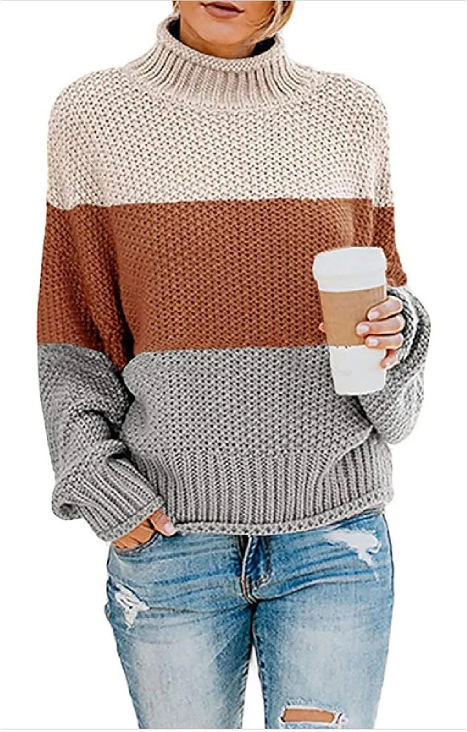 Womens Chunky Cable Knitted Sweaters Casual Loose Colorblocked Crew Neck Sweater 2024 Winter New Knit Basic Sweaters