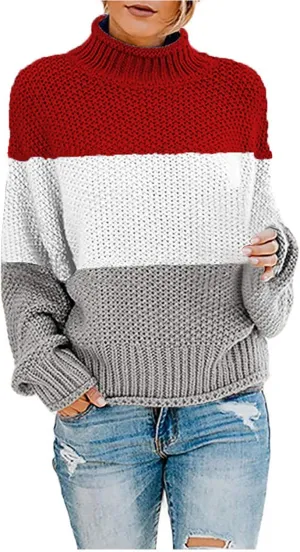 Womens Chunky Cable Knitted Sweaters Casual Loose Colorblocked Crew Neck Sweater 2024 Winter New Knit Basic Sweaters