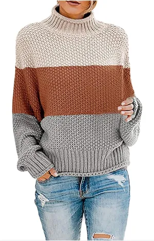 Womens Chunky Cable Knitted Sweaters Casual Loose Colorblocked Crew Neck Sweater 2024 Winter New Knit Basic Sweaters