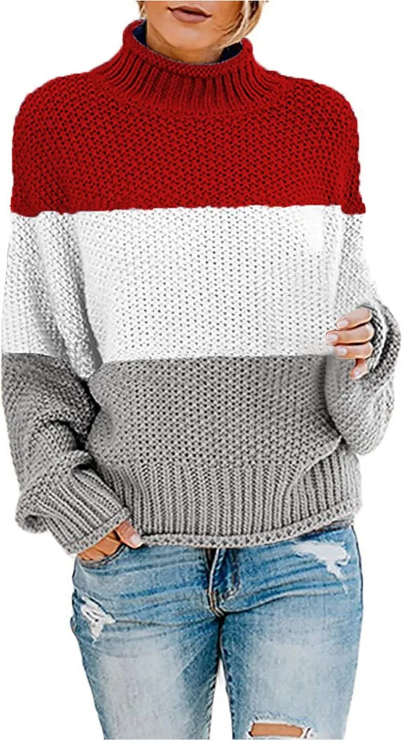Womens Chunky Cable Knitted Sweaters Casual Loose Colorblocked Crew Neck Sweater 2024 Winter New Knit Basic Sweaters