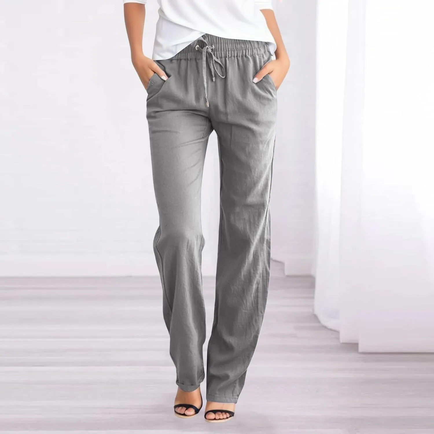 Womens Cotton Linen Casual Pants Straight Leg Drawstring Elastic High Waist Loose Palazzo Adjustable Trousers with Pockets