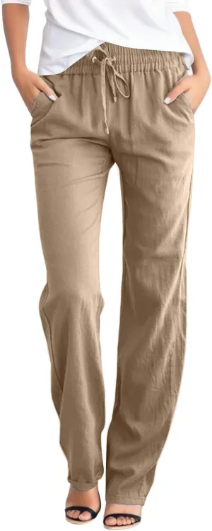 Womens Cotton Linen Casual Pants Straight Leg Drawstring Elastic High Waist Loose Palazzo Adjustable Trousers with Pockets