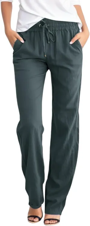 Womens Cotton Linen Casual Pants Straight Leg Drawstring Elastic High Waist Loose Palazzo Adjustable Trousers with Pockets