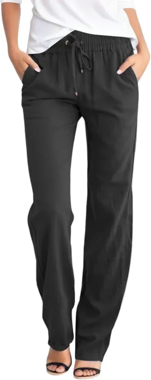 Womens Cotton Linen Casual Pants Straight Leg Drawstring Elastic High Waist Loose Palazzo Adjustable Trousers with Pockets
