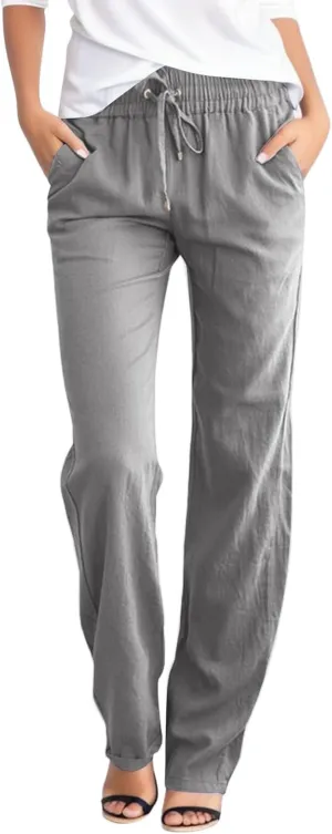 Womens Cotton Linen Casual Pants Straight Leg Drawstring Elastic High Waist Loose Palazzo Adjustable Trousers with Pockets