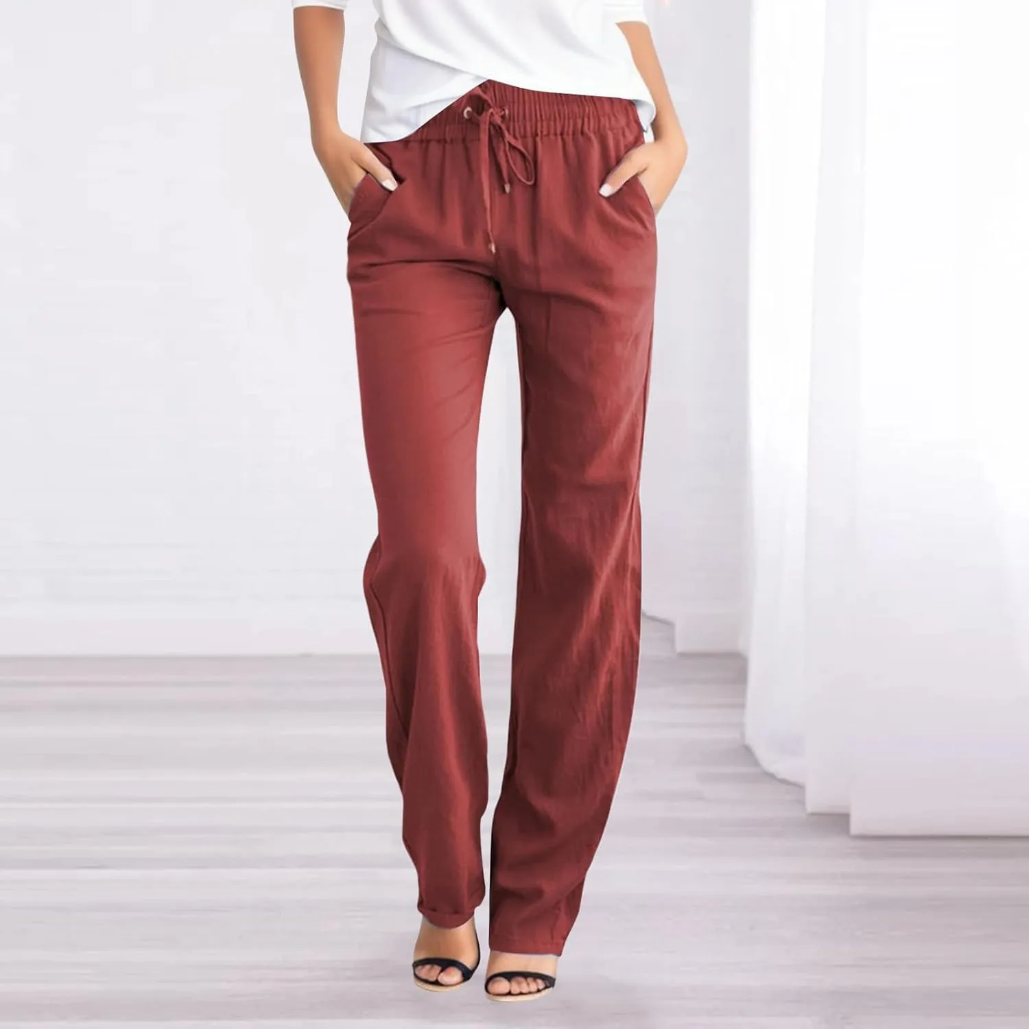 Womens Cotton Linen Casual Pants Straight Leg Drawstring Elastic High Waist Loose Palazzo Adjustable Trousers with Pockets