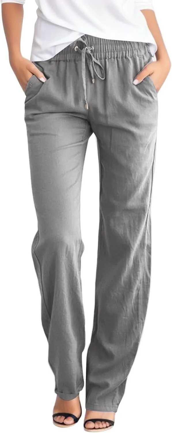 Womens Cotton Linen Casual Pants Straight Leg Drawstring Elastic High Waist Loose Palazzo Adjustable Trousers with Pockets