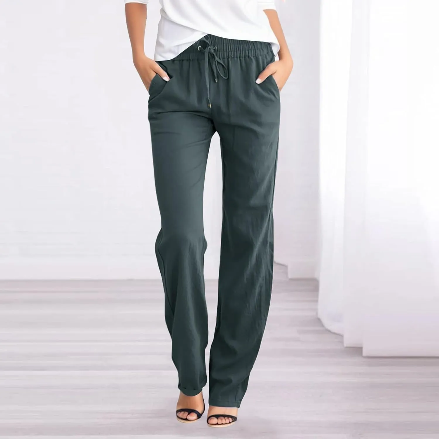 Womens Cotton Linen Casual Pants Straight Leg Drawstring Elastic High Waist Loose Palazzo Adjustable Trousers with Pockets