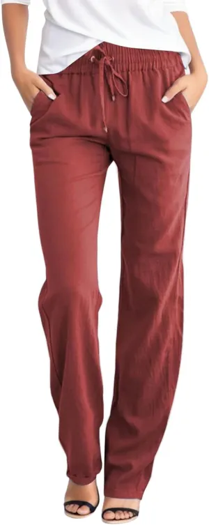 Womens Cotton Linen Casual Pants Straight Leg Drawstring Elastic High Waist Loose Palazzo Adjustable Trousers with Pockets
