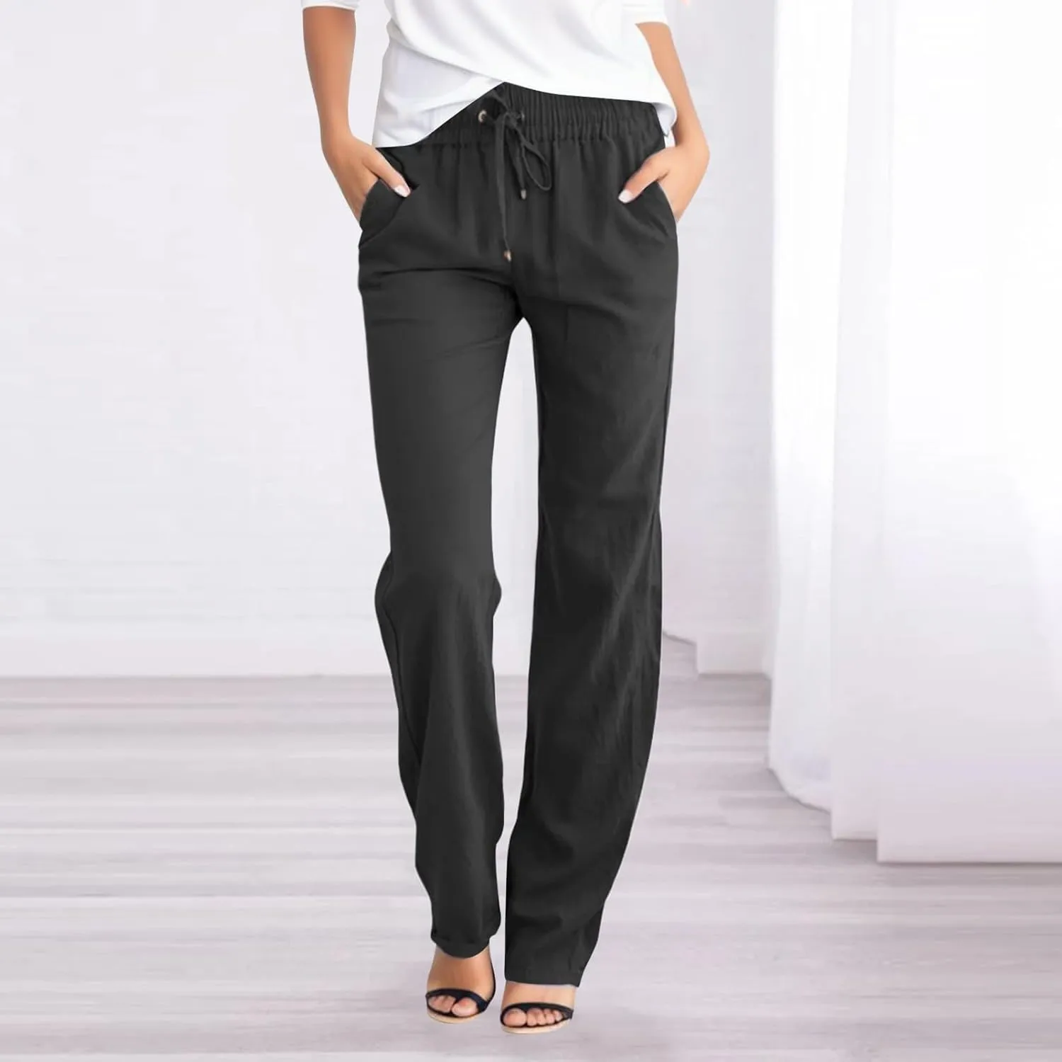 Womens Cotton Linen Casual Pants Straight Leg Drawstring Elastic High Waist Loose Palazzo Adjustable Trousers with Pockets