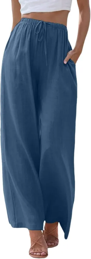 Women's Cotton Linen Summer Palazzo Pants Flowy Wide Leg Beach Trousers Drawstring Elastic Waist Casual Baggy Slacks