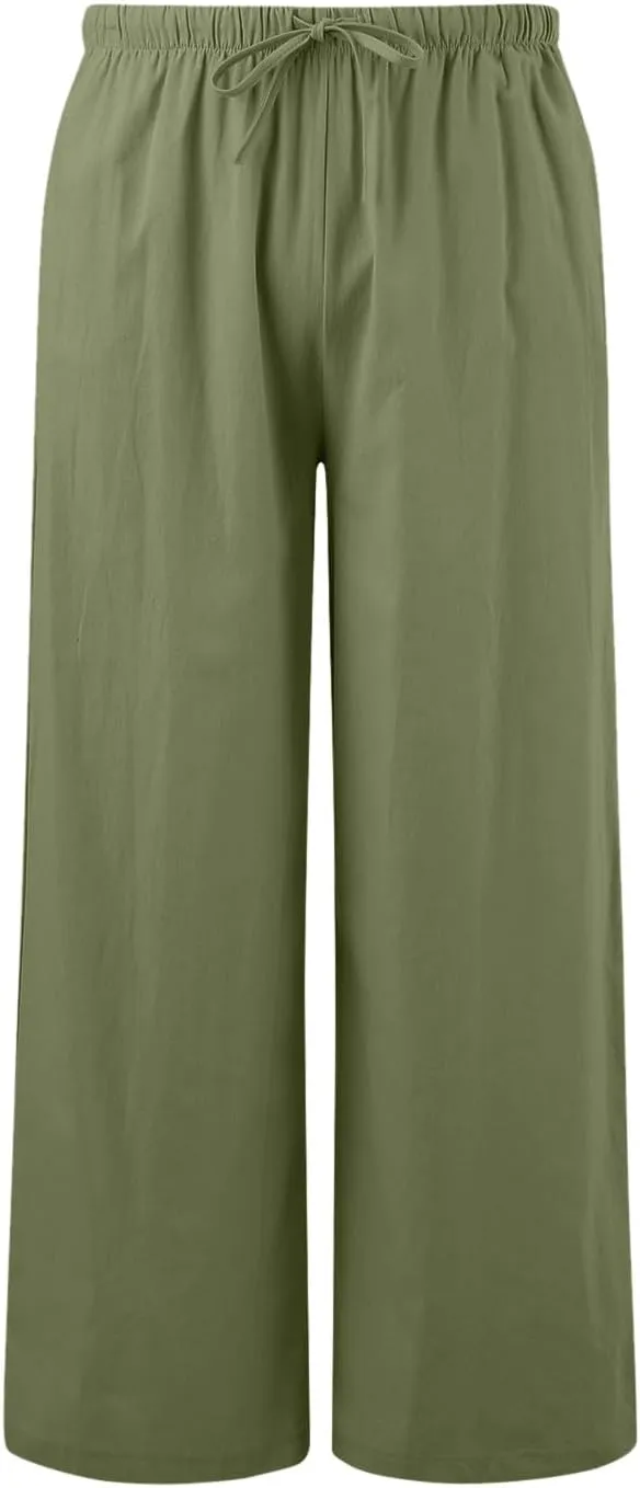 Women's Cotton Linen Summer Palazzo Pants Flowy Wide Leg Beach Trousers Drawstring Elastic Waist Casual Baggy Slacks
