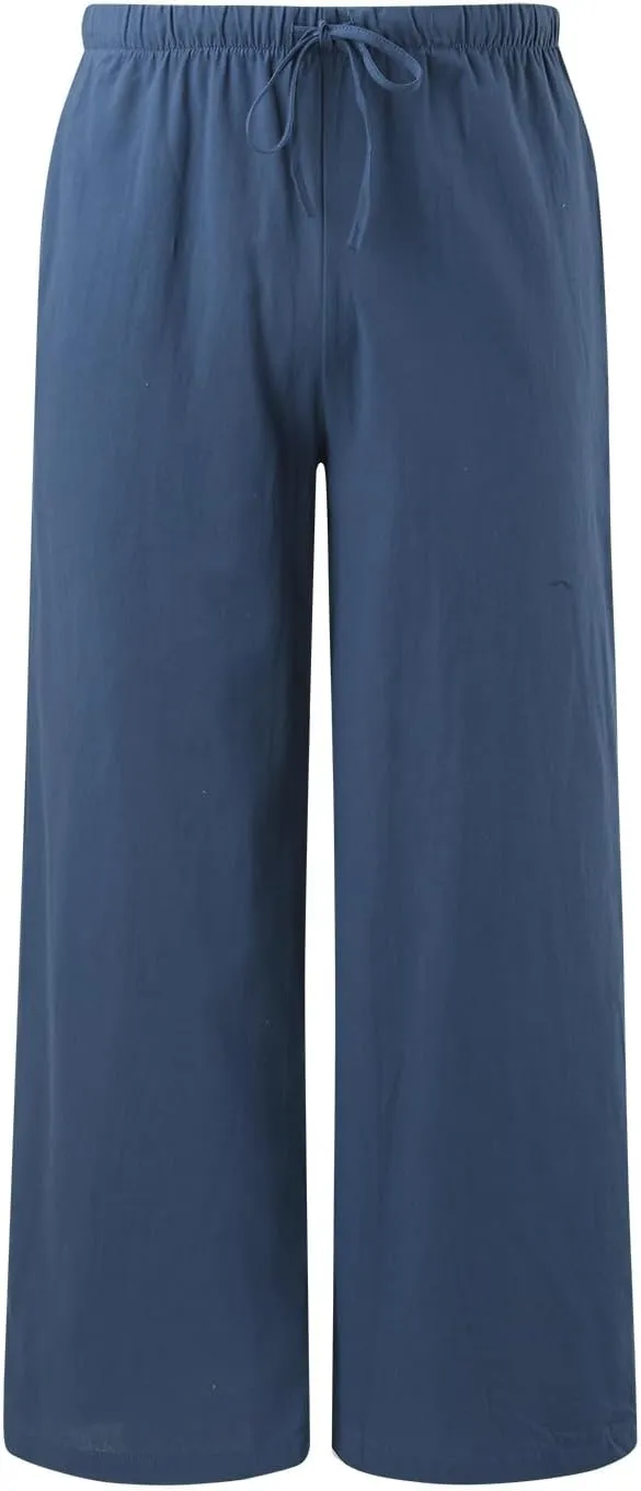 Women's Cotton Linen Summer Palazzo Pants Flowy Wide Leg Beach Trousers Drawstring Elastic Waist Casual Baggy Slacks