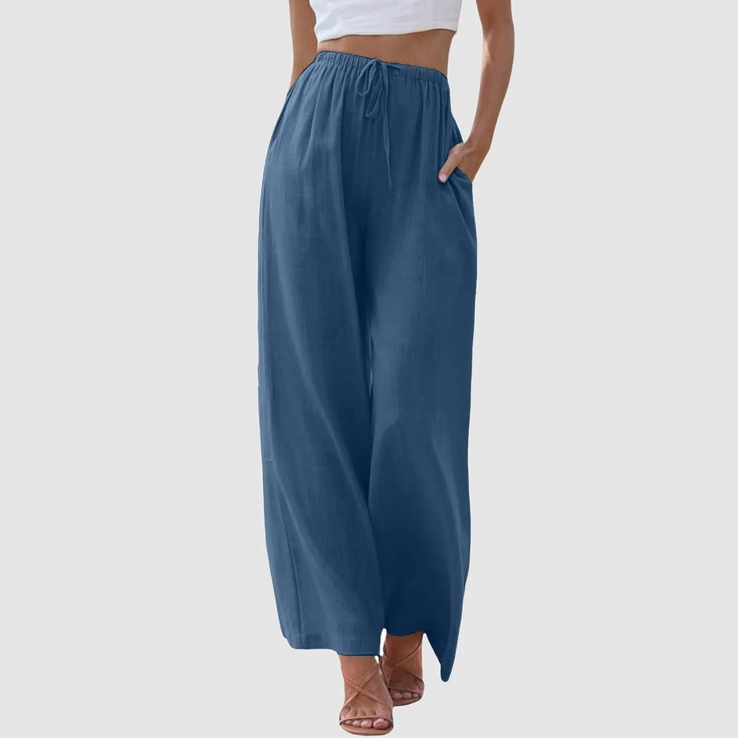 Women's Cotton Linen Summer Palazzo Pants Flowy Wide Leg Beach Trousers Drawstring Elastic Waist Casual Baggy Slacks