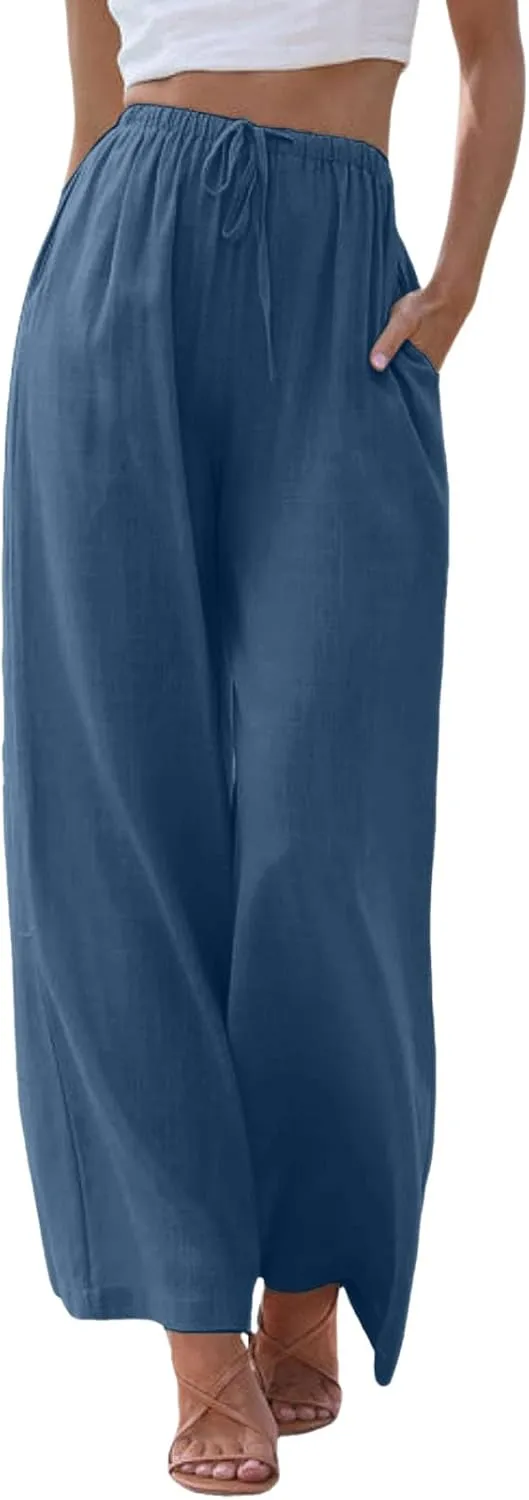 Women's Cotton Linen Summer Palazzo Pants Flowy Wide Leg Beach Trousers Drawstring Elastic Waist Casual Baggy Slacks