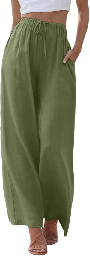 Women's Cotton Linen Summer Palazzo Pants Flowy Wide Leg Beach Trousers Drawstring Elastic Waist Casual Baggy Slacks