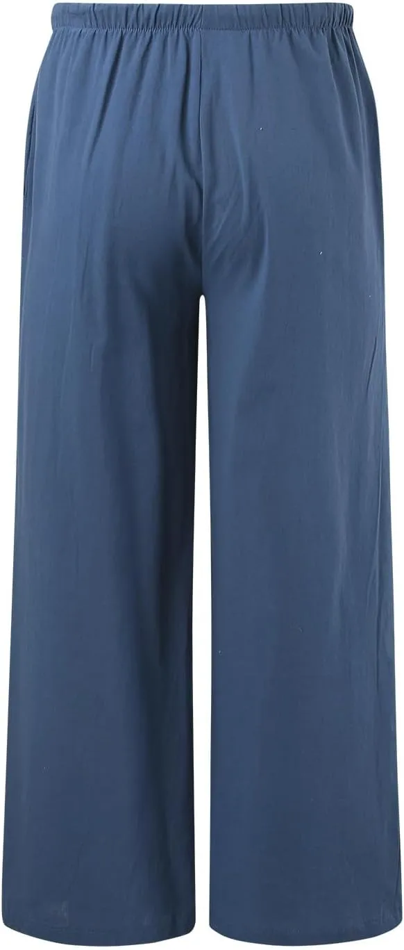 Women's Cotton Linen Summer Palazzo Pants Flowy Wide Leg Beach Trousers Drawstring Elastic Waist Casual Baggy Slacks