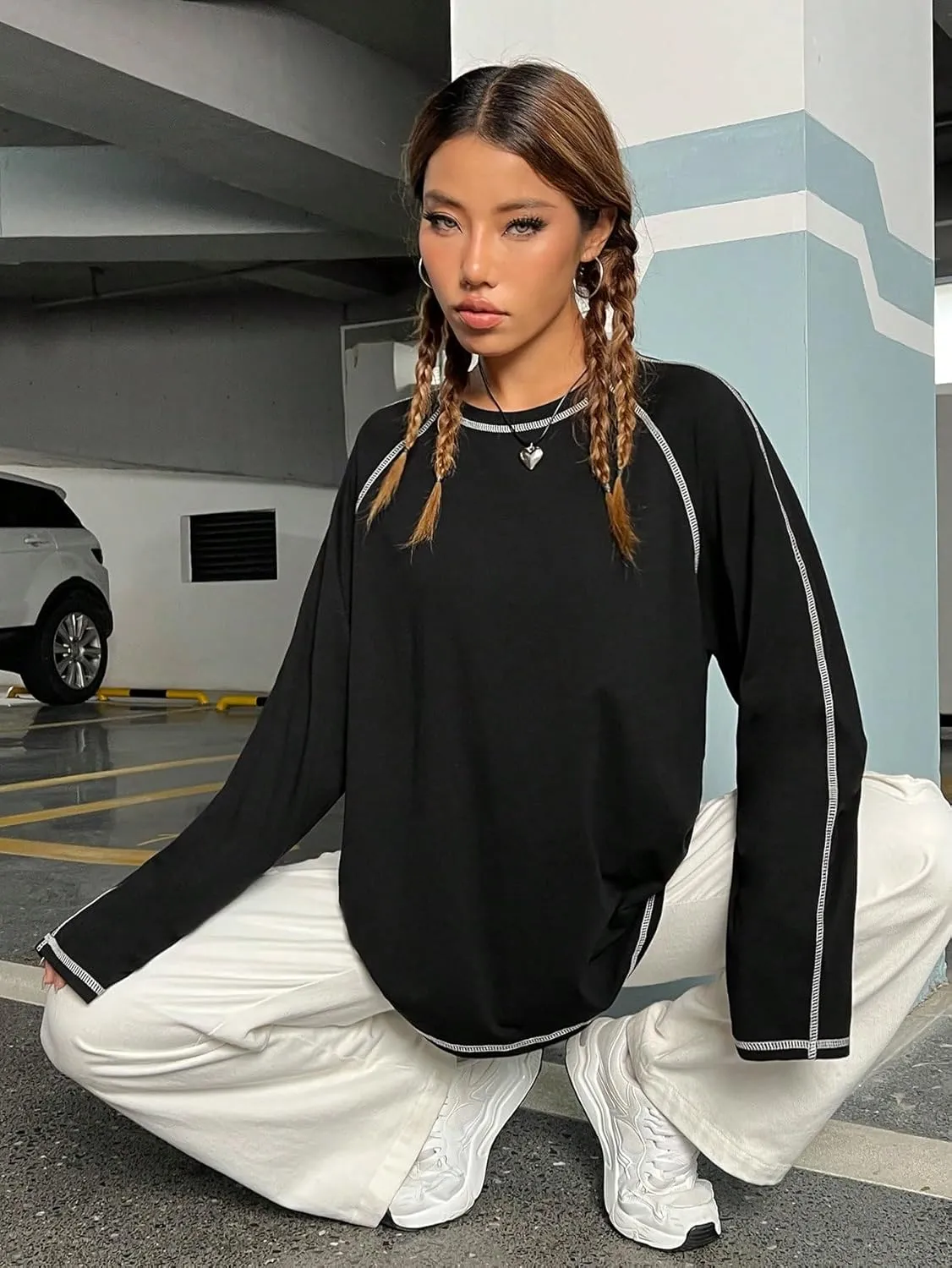 Women's Crew Neck Oversized T Shirts Long Sleeve Casual Tee Top