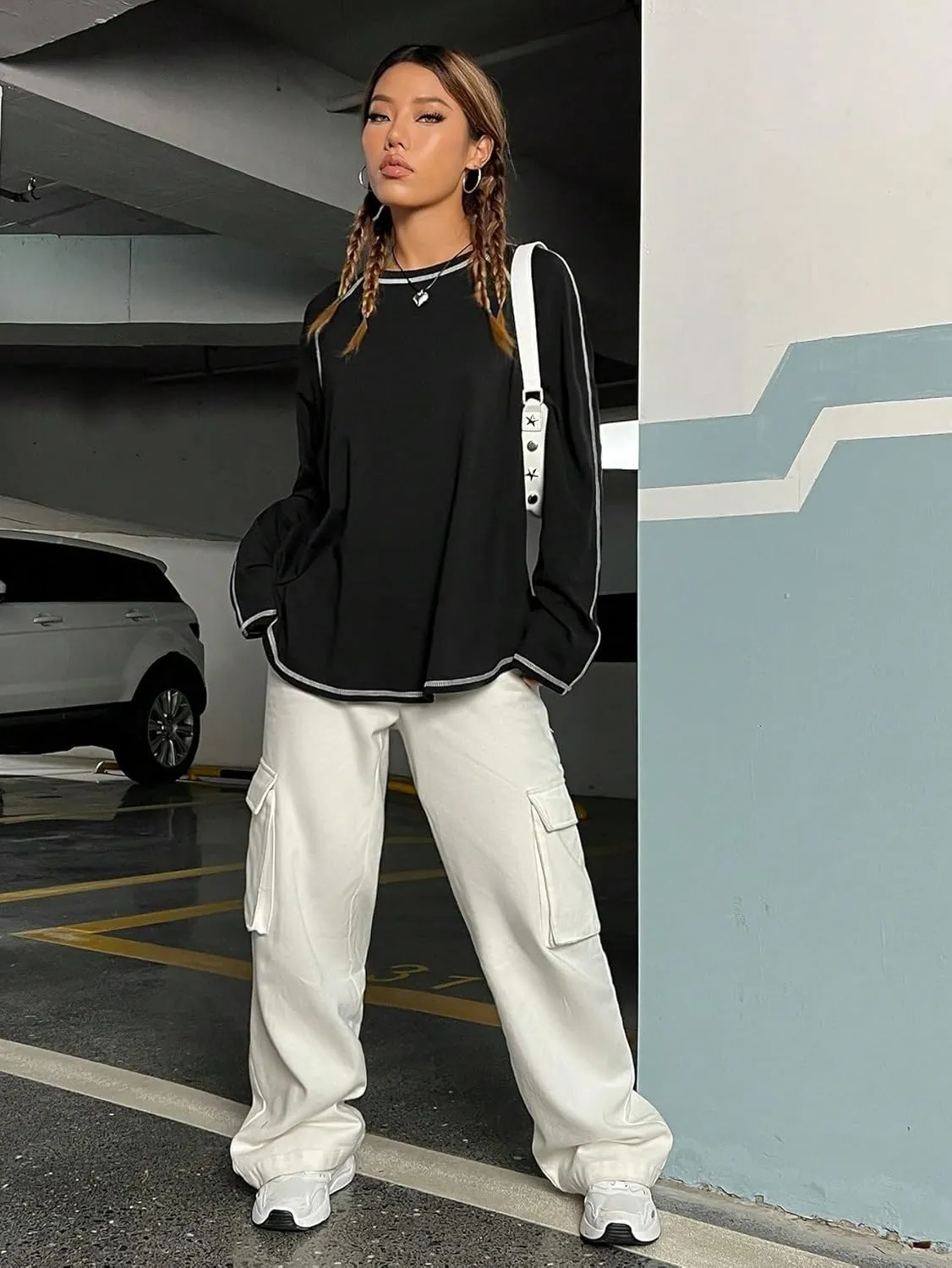 Women's Crew Neck Oversized T Shirts Long Sleeve Casual Tee Top