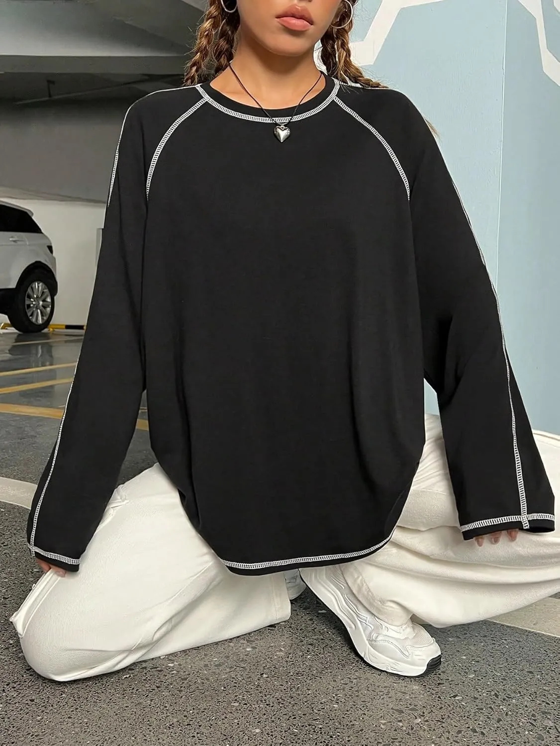 Women's Crew Neck Oversized T Shirts Long Sleeve Casual Tee Top