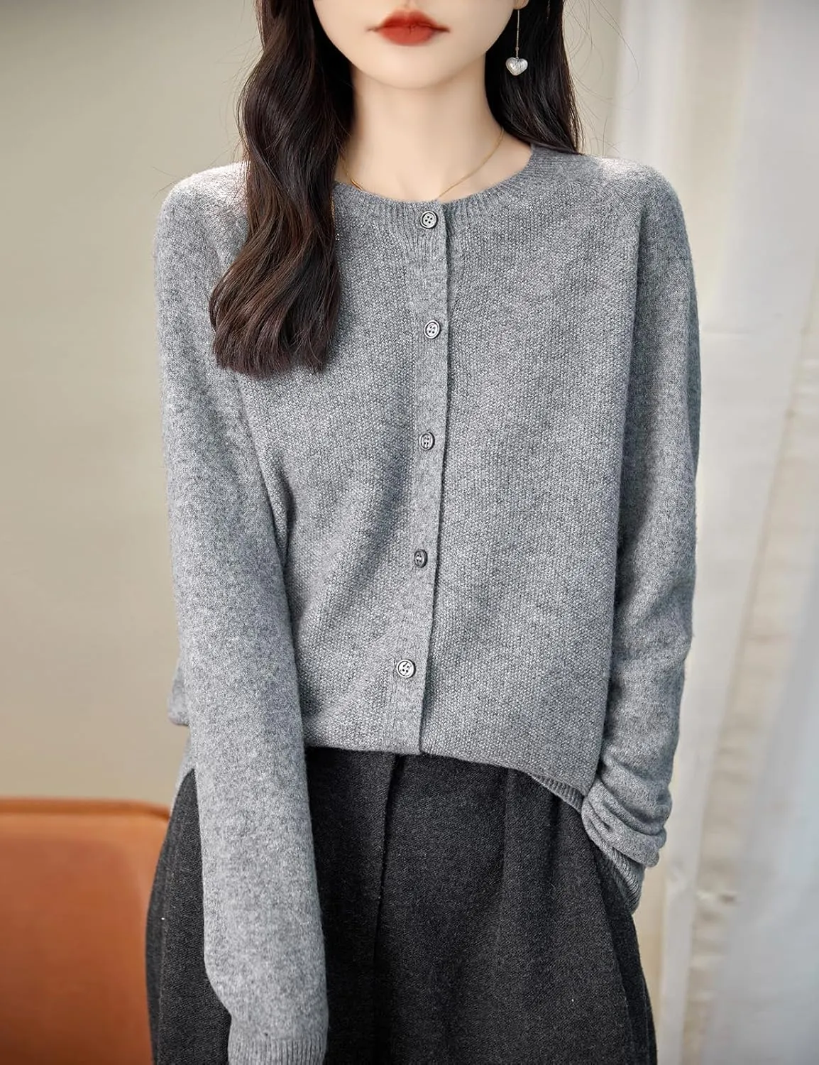 Women's Crewneck 100% Merino Wool Sweater 2025 Spring Fall Solid Long Sleeve Seamless Knitted Cardigan Sweater