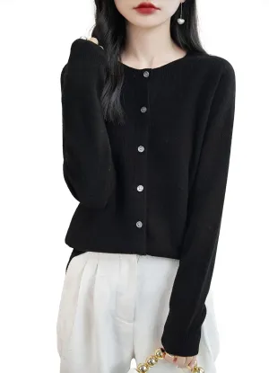 Women's Crewneck 100% Merino Wool Sweater 2025 Spring Fall Solid Long Sleeve Seamless Knitted Cardigan Sweater