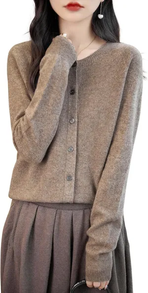 Women's Crewneck 100% Merino Wool Sweater 2025 Spring Fall Solid Long Sleeve Seamless Knitted Cardigan Sweater