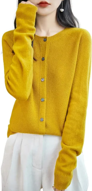 Women's Crewneck 100% Merino Wool Sweater 2025 Spring Fall Solid Long Sleeve Seamless Knitted Cardigan Sweater