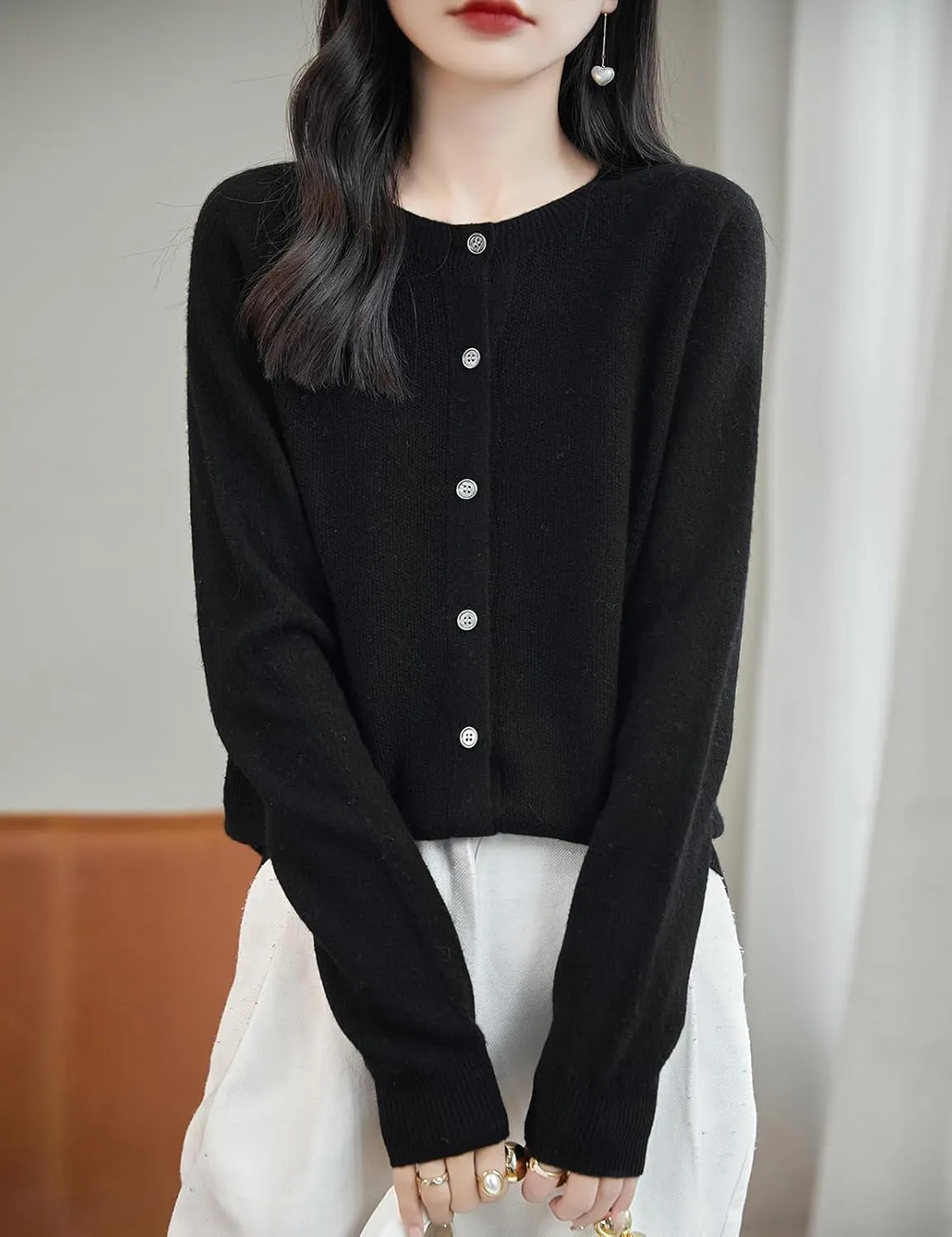 Women's Crewneck 100% Merino Wool Sweater 2025 Spring Fall Solid Long Sleeve Seamless Knitted Cardigan Sweater