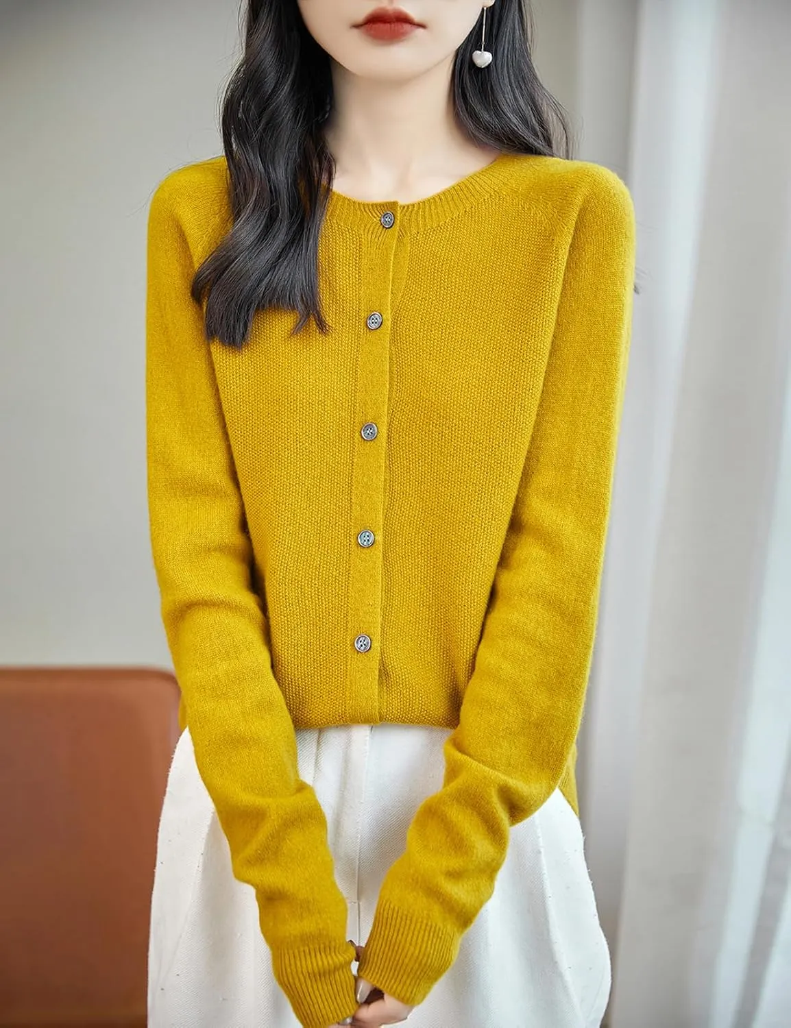 Women's Crewneck 100% Merino Wool Sweater 2025 Spring Fall Solid Long Sleeve Seamless Knitted Cardigan Sweater