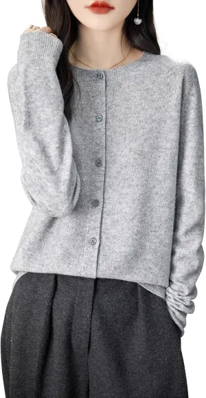 Women's Crewneck 100% Merino Wool Sweater 2025 Spring Fall Solid Long Sleeve Seamless Knitted Cardigan Sweater