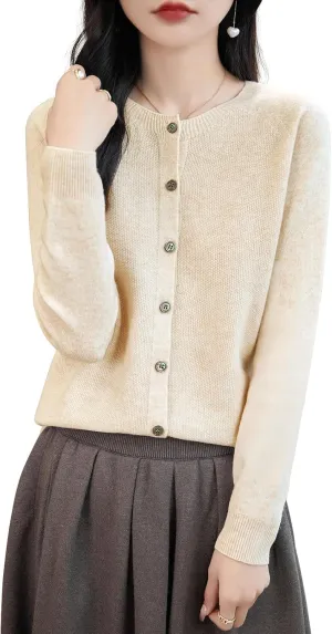 Women's Crewneck 100% Merino Wool Sweater 2025 Spring Fall Solid Long Sleeve Seamless Knitted Cardigan Sweater