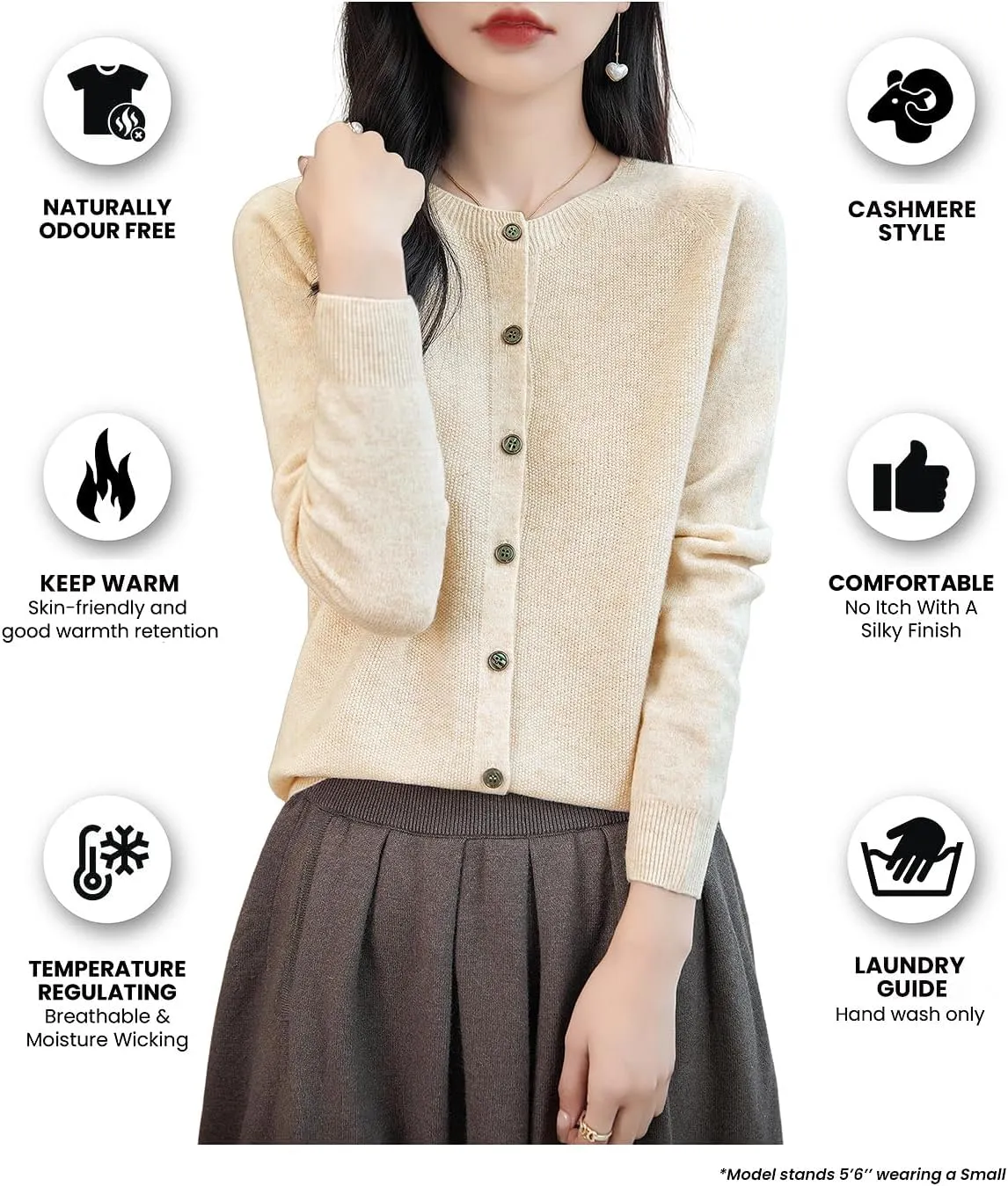 Women's Crewneck 100% Merino Wool Sweater 2025 Spring Fall Solid Long Sleeve Seamless Knitted Cardigan Sweater