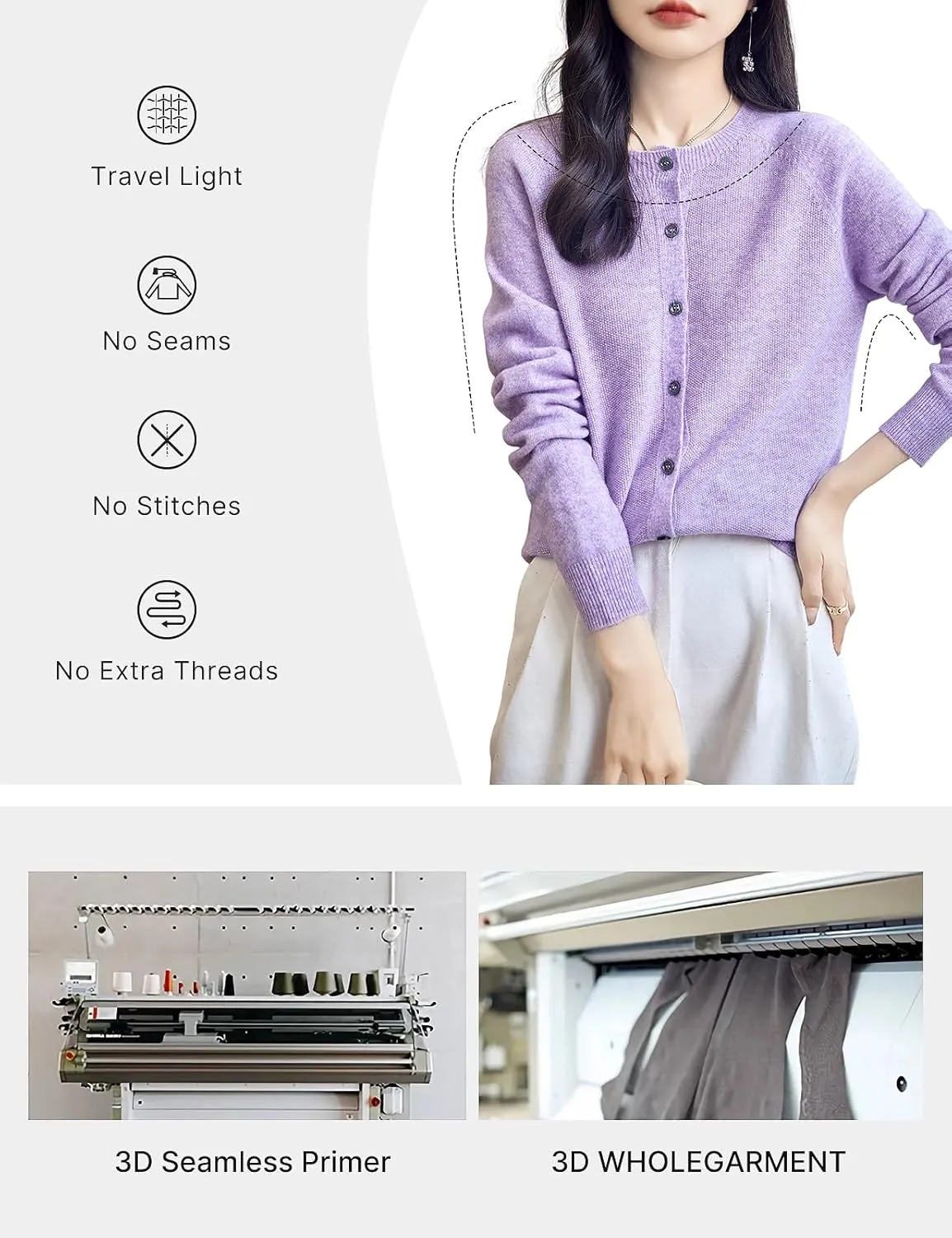 Women's Crewneck 100% Merino Wool Sweater 2025 Spring Fall Solid Long Sleeve Seamless Knitted Cardigan Sweater